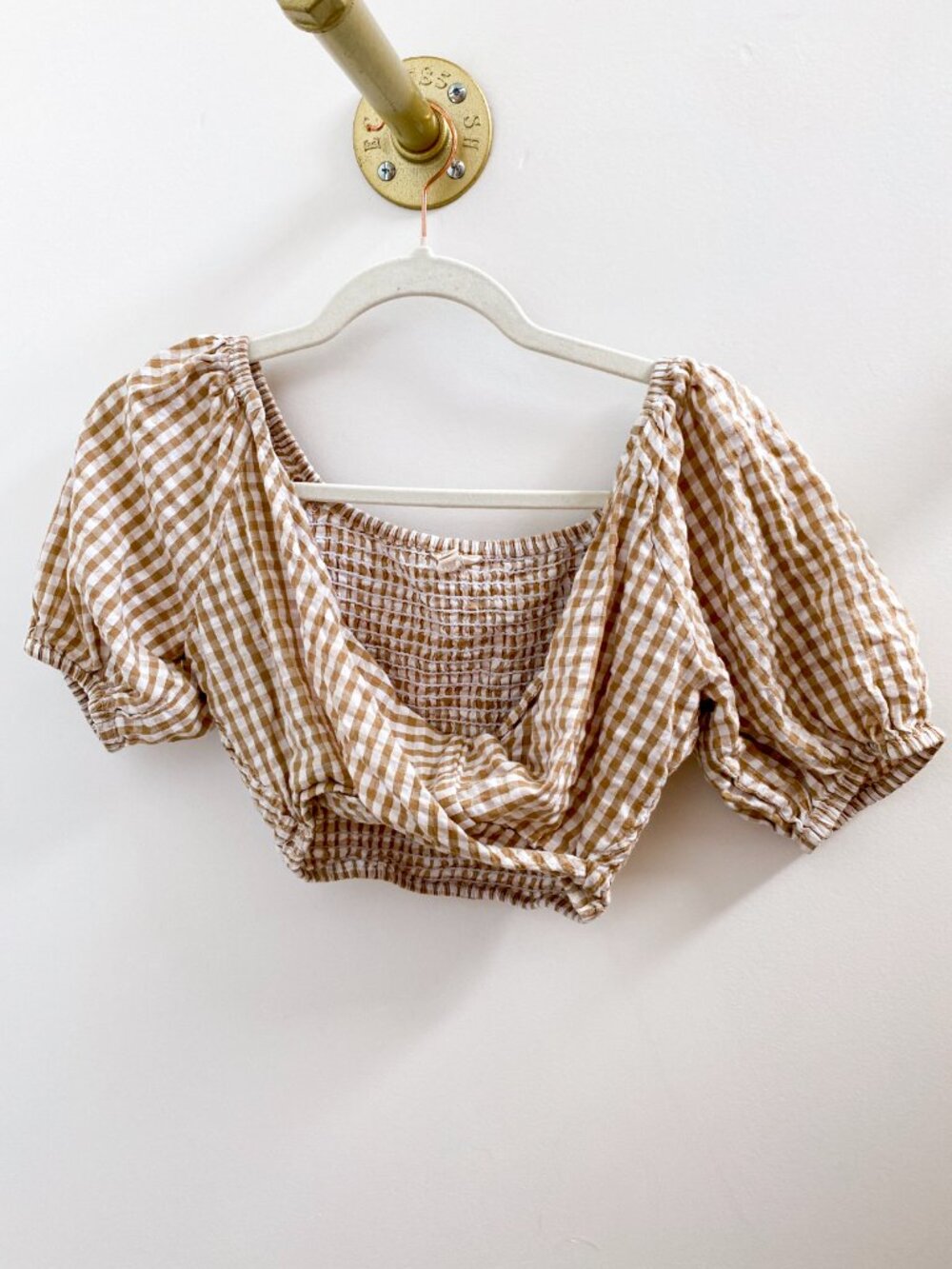 Sim & Sam Smocked Puff Sleeve Beige Plaid Gingham Crop Top - Size Small